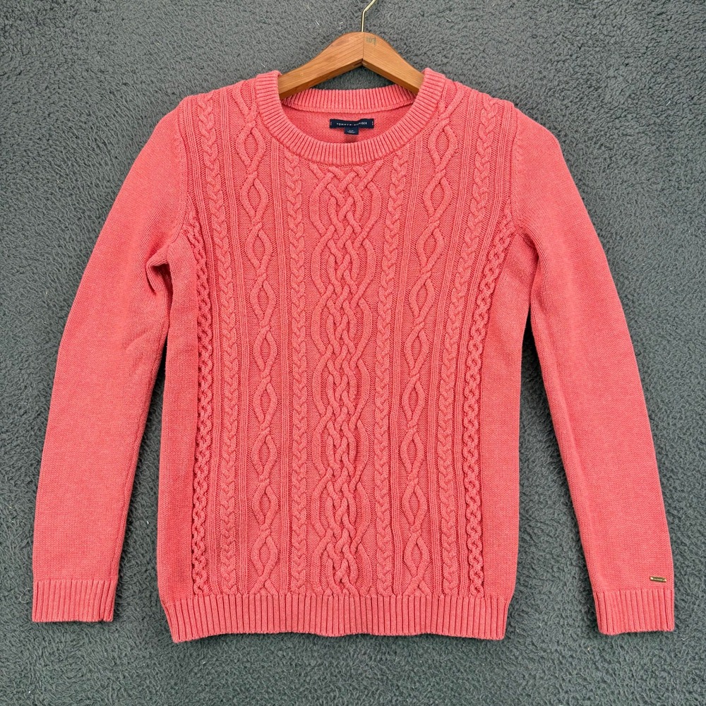Tommy Hilfiger Womens Small Coral Pink Cable Knit Crew Neck Sweater Cotton Blend